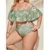 Plus Size & Curve Vacation Tankini Swimsuit Flower Print Flounce Mesh Skirt Beach Tankini Three Piece Swimwear - DEEP GREEN 4XL