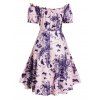 Butterfly Flower Print Dress Off The Shoulder Ruffle Lace Panel Scalloped High Waisted A Line Midi Dress - LIGHT PINK S