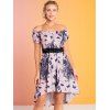 Butterfly Flower Print Dress Off The Shoulder Ruffle Lace Panel Scalloped High Waisted A Line Midi Dress - LIGHT PINK S