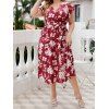 Plus Size Vacation Dress Flower Print Surplice Belted V Neck High Waisted A Line Midi Dress - RED 2XL