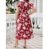 Plus Size Vacation Dress Flower Print Surplice Belted V Neck High Waisted A Line Midi Dress - RED 2XL