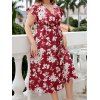 Plus Size Vacation Dress Flower Print Surplice Belted V Neck High Waisted A Line Midi Dress - RED 2XL