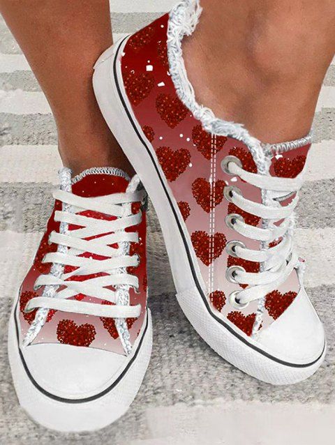 Heart Print Lace Up Walking Casual Flat Sport Shoes