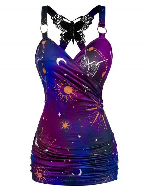 Celestial Sun Moon Star Print Tank Top Butterfly Lace Insert Ruched Surplice O Ring Strap Tank Top