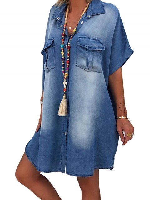 Raglan Sleeve Chambray Shirt Dress Multi Pockets Snap Button Curved Hem Mini Dress