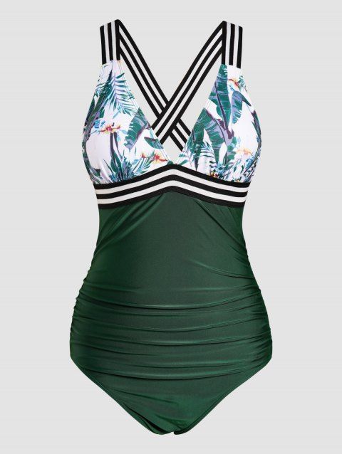 Vacation One-piece Swimsuit Crisscross Striped Flower Leaf Print Swimwear Ruched Padded Bathing Suit