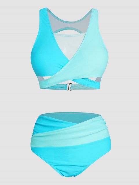 Colorblock Sheer Mesh Bikini Swimsuit Cut Out Crossover Padded Bikini Two Piece Swimwear Ruched High Waist Bathing Suit