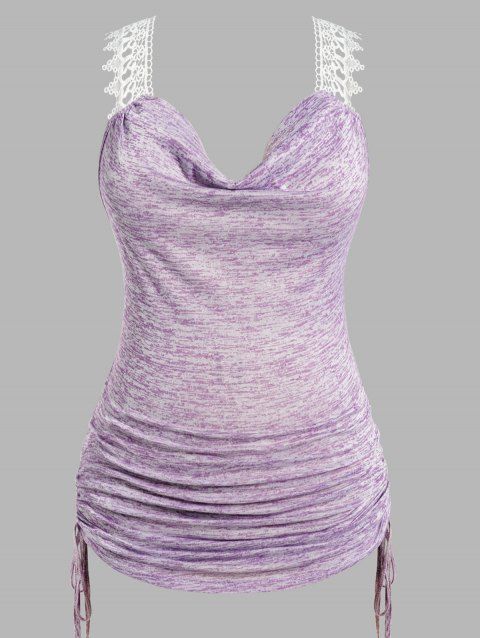 Plus Size & Curve Tank Top Hollow Out Lace Shoulder Heathered Tank Top Cowl Neck Cinched Ruched Tank Top