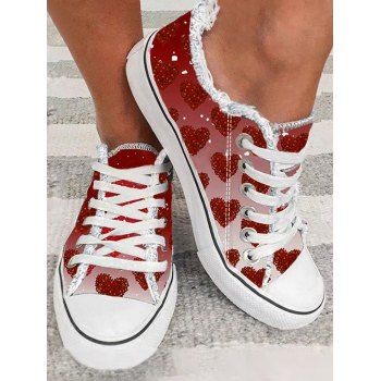 

Heart Print Lace Up Walking Casual Flat Sport Shoes, Red