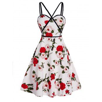 

Flower Print Mini Sundress Contrast Piping Crossover Adjustable Strap A Line Dress, White