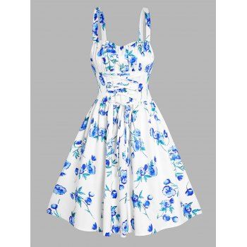 

Flower Print Mini Dress Lace Up Sleeveless Ruched Bust High Waist Vacation Dress, Light blue