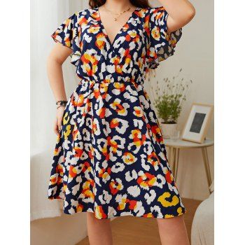 

Plus Size & Curve Dress Colorful Leopard Print Surplice Plunge Flutter Sleeve Dress, Black