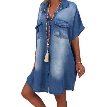 

Raglan Sleeve Chambray Shirt Dress Multi Pockets Snap Button Curved Hem Mini Dress, Blue