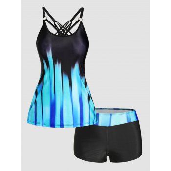 

Ombre Stripe Print Tankini Swimsuit Crisscross Padded Tankini Two Piece Swimwear Boyleg Bathing Suit, Blue