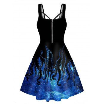 

Galaxy Octopus Print Mini Dress Half Zipper Sleeveless A Line Cami Dress, Blue
