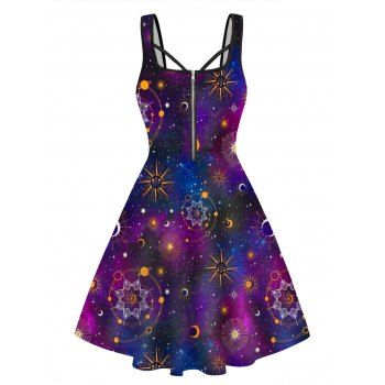 

Celestial Sun Moon Galaxy Print Mini Dress Half Zipper Sleeveless Casual Dress, Purple