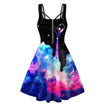 

Colorful Galaxy Print Mini Dress Half Zipper Sleeveless A Line Cami Dress, Black