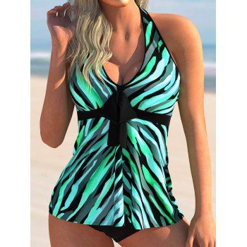 

Modest Tankini Swimsuit Striped Print Bowknot Bathing Suit Padded Halter Swimwear, Green