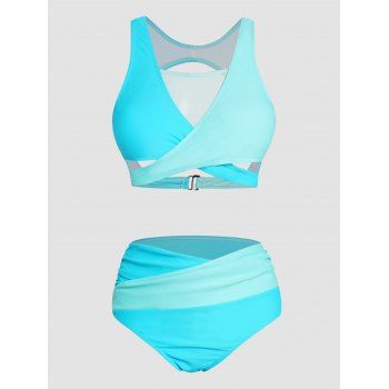 

Colorblock Sheer Mesh Bikini Swimsuit Cut Out Crossover Padded Bikini Two Piece Swimwear Ruched High Waist Bathing Suit, Multicolor
