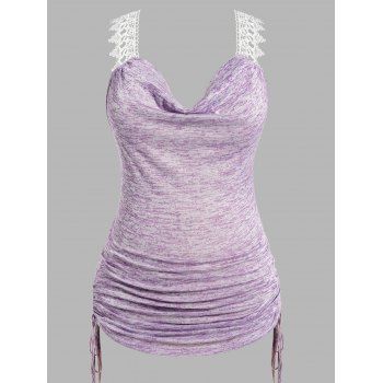 

Plus Size & Curve Tank Top Hollow Out Lace Shoulder Heathered Tank Top Cowl Neck Cinched Ruched Tank Top, Light purple