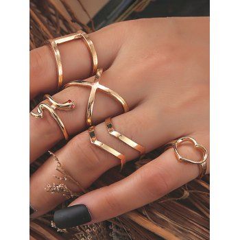 

5 Pcs Twist Geometric Heart Trendy Rings Set, Golden