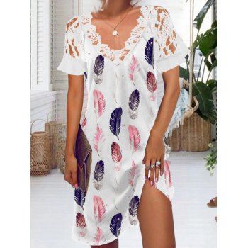 

Colored Feather Print Dress Lace Panel Scalloped V Neck A Line Mini Dress, White