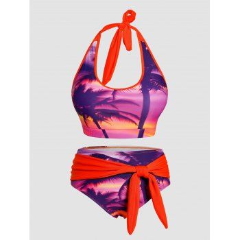 

Vacation Tankini Swimsuit Sunset Tree Print Bowknot Swimwear Padded Beach Bathing Suit, Multicolor