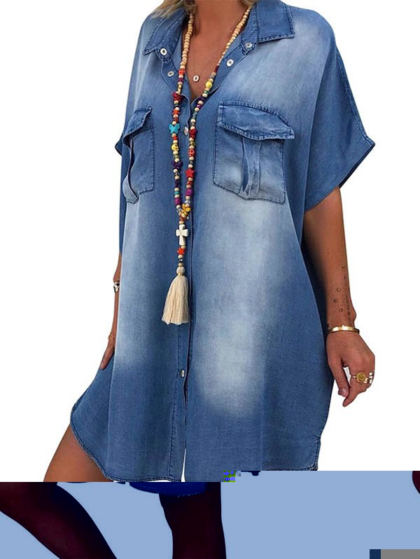 Raglan Sleeve Chambray Shirt Dress Multi Pockets Snap Button Curved Hem Mini Dress - BLUE XL