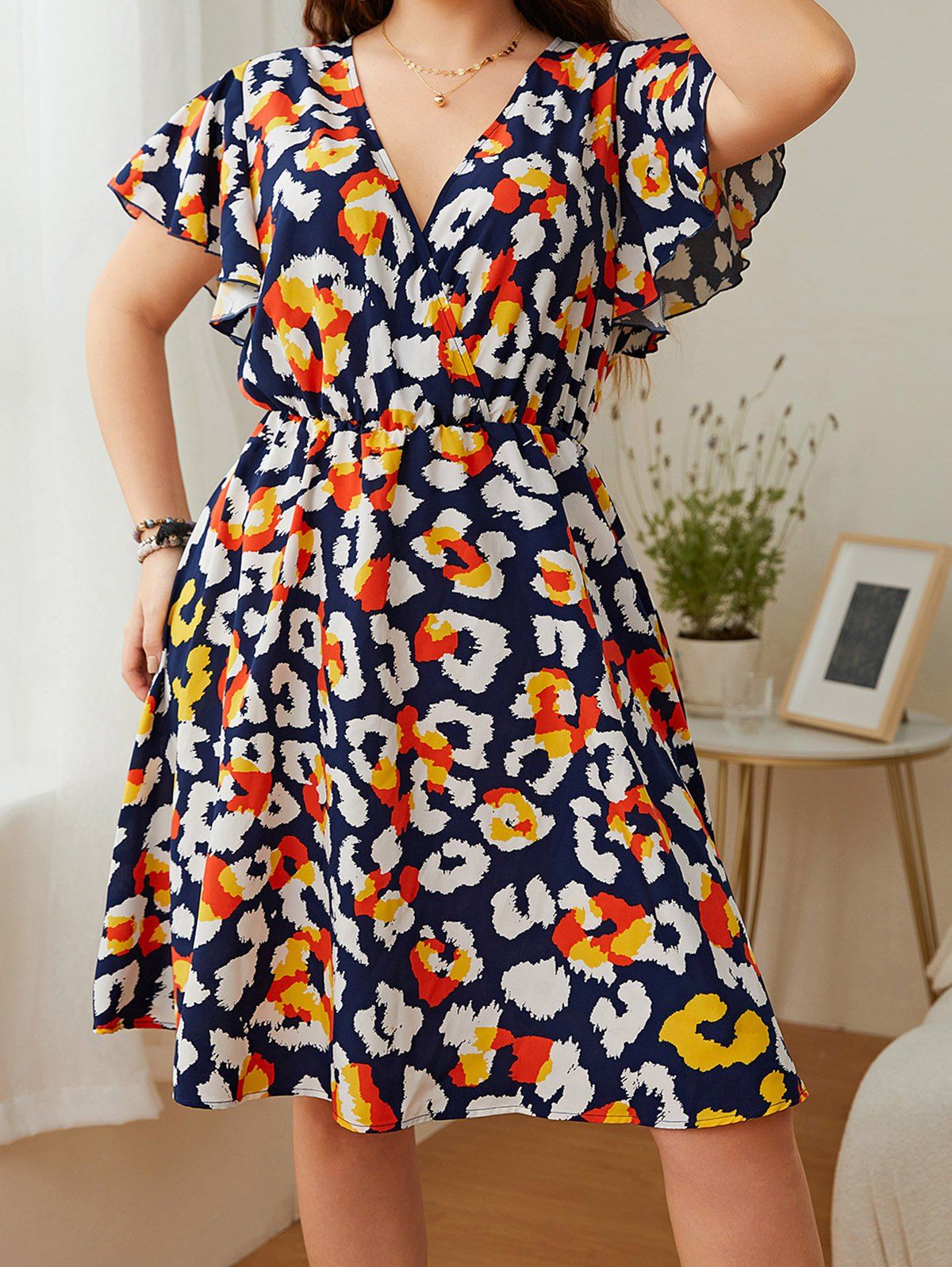 Plus Size & Curve Dress Colorful Leopard Print Surplice Plunge Flutter Sleeve Dress - BLACK 1XL