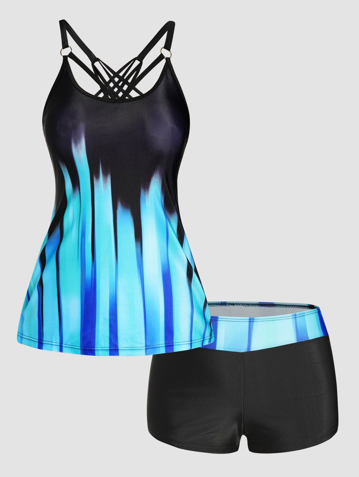 Ombre Stripe Print Tankini Swimsuit Crisscross Padded Tankini Two Piece Swimwear Boyleg Bathing Suit - BLUE XL