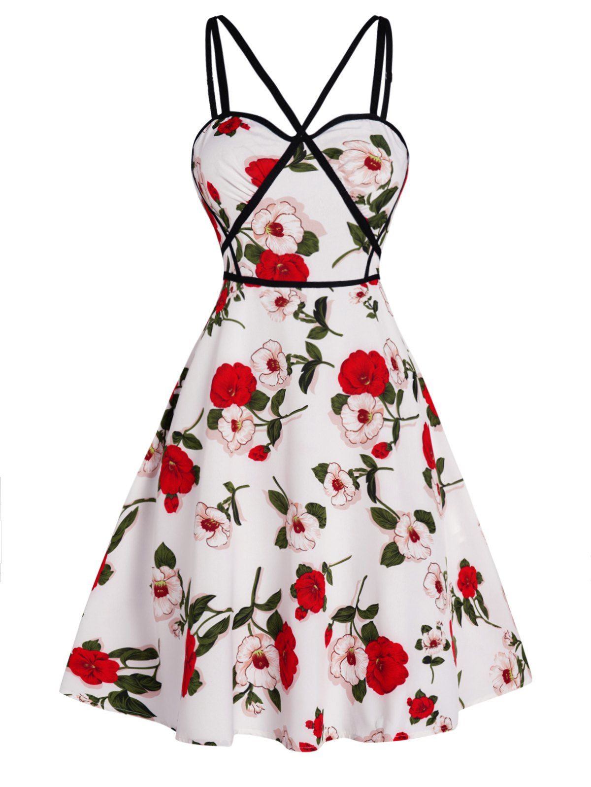 Flower Print Mini Sundress Contrast Piping Crossover Adjustable Strap A Line Dress - WHITE M