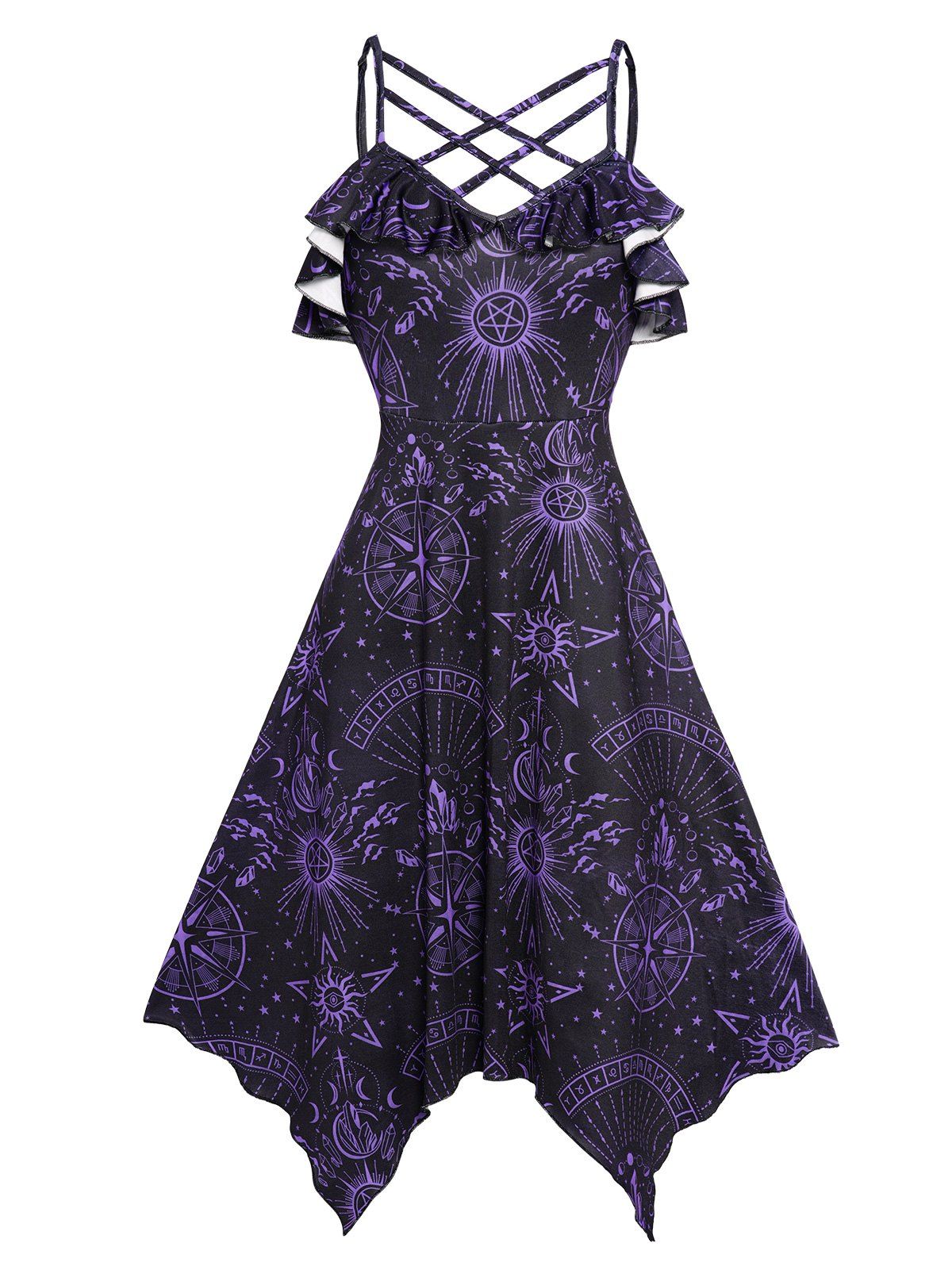 Sun Printed Dress Lattice Strap Sleeveless Foldover High Waisted Asymmetrical Midi Dress - CONCORD L