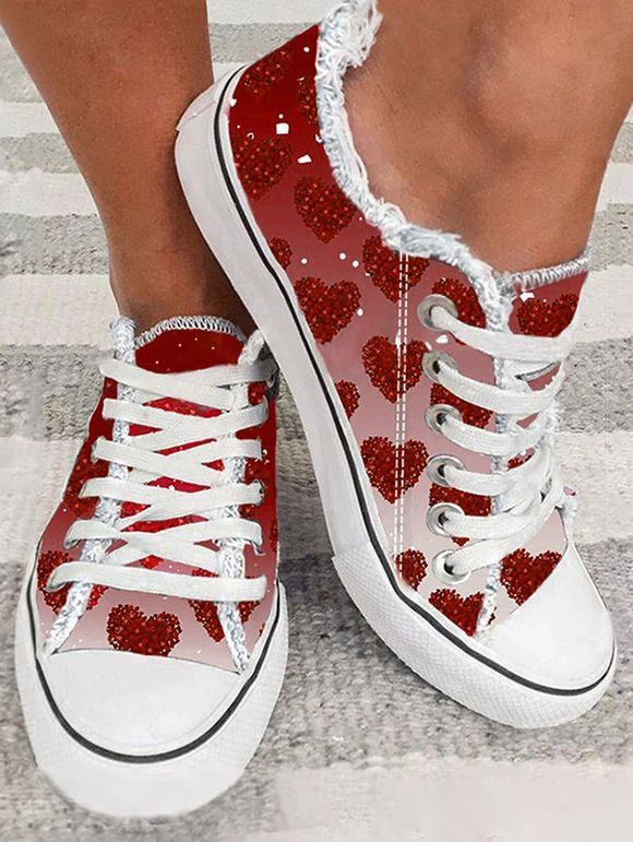 Heart Print Lace Up Walking Casual Flat Sport Shoes - Rouge EU 42