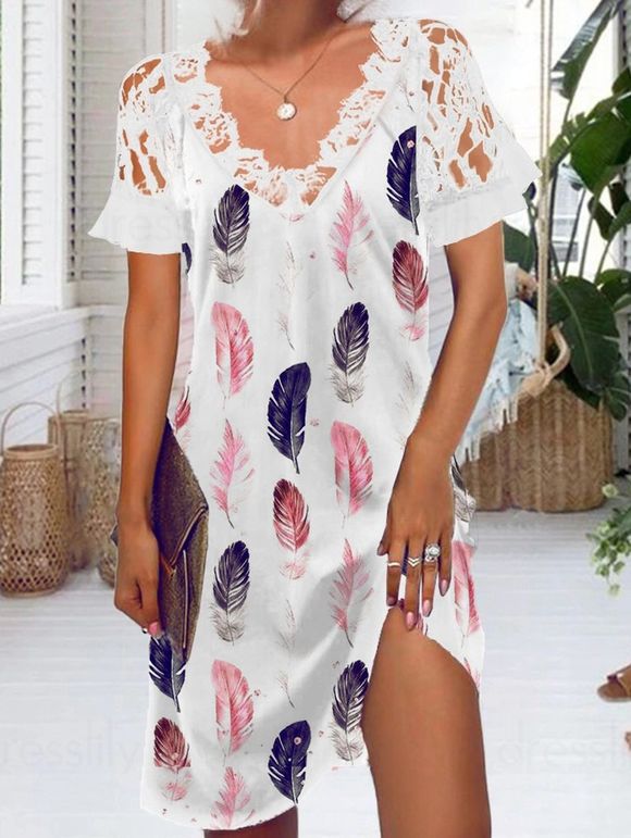 Mini Robe Ligne A Festonnée Panneau en Dentelle à Imprimé Plume Colorée à Col V - Blanc 2XL