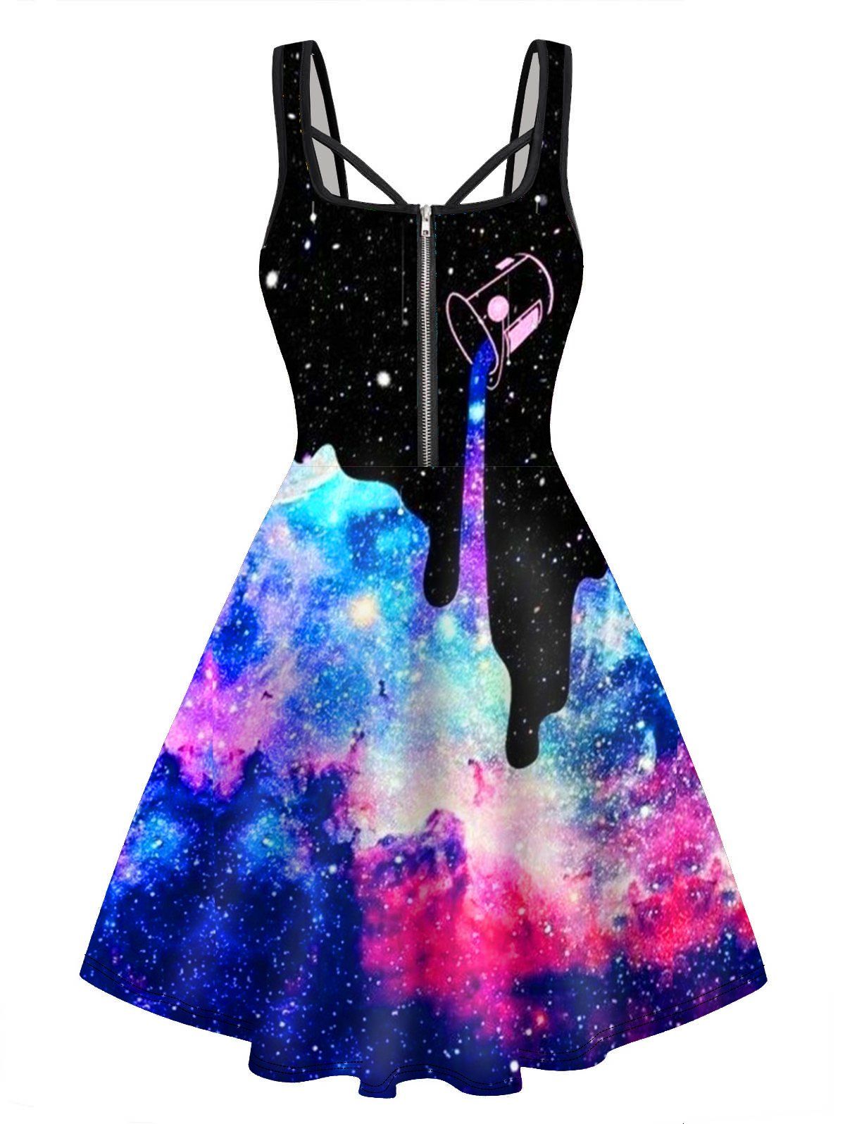 Colorful Galaxy Print Mini Dress Half Zipper Sleeveless A Line Cami Dress - BLACK M