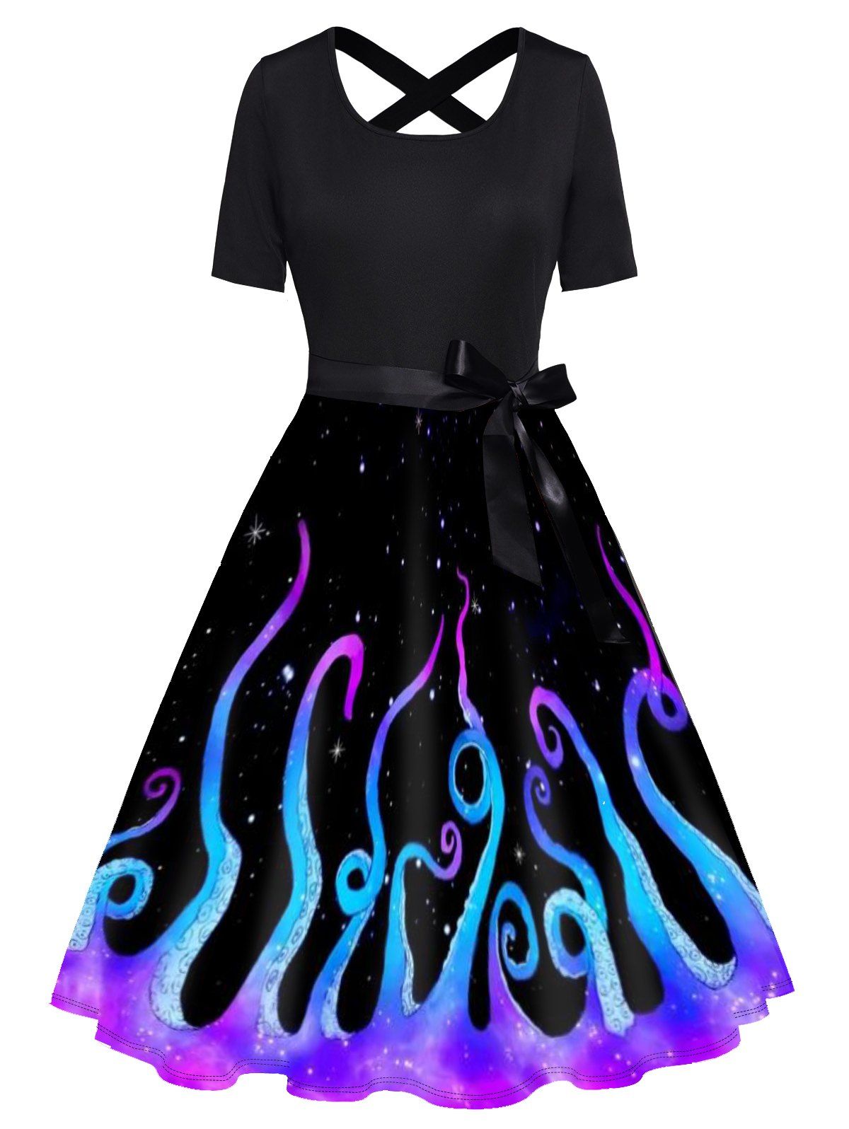 Galaxy Octopus Print Short Sleeve Dress Bowknot Cross High Waist A Line Dress - BLACK L