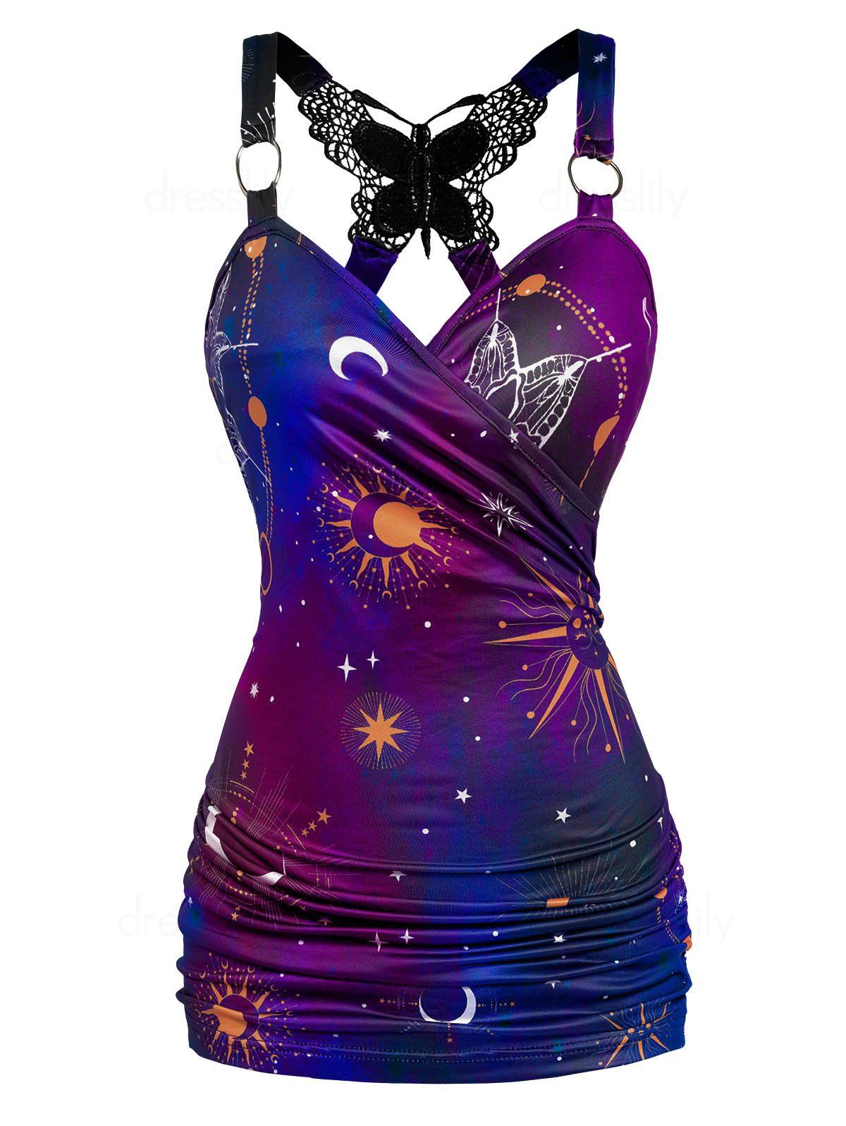 Celestial Sun Moon Star Print Tank Top Butterfly Lace Insert Ruched Surplice O Ring Strap Tank Top - PURPLE XXL