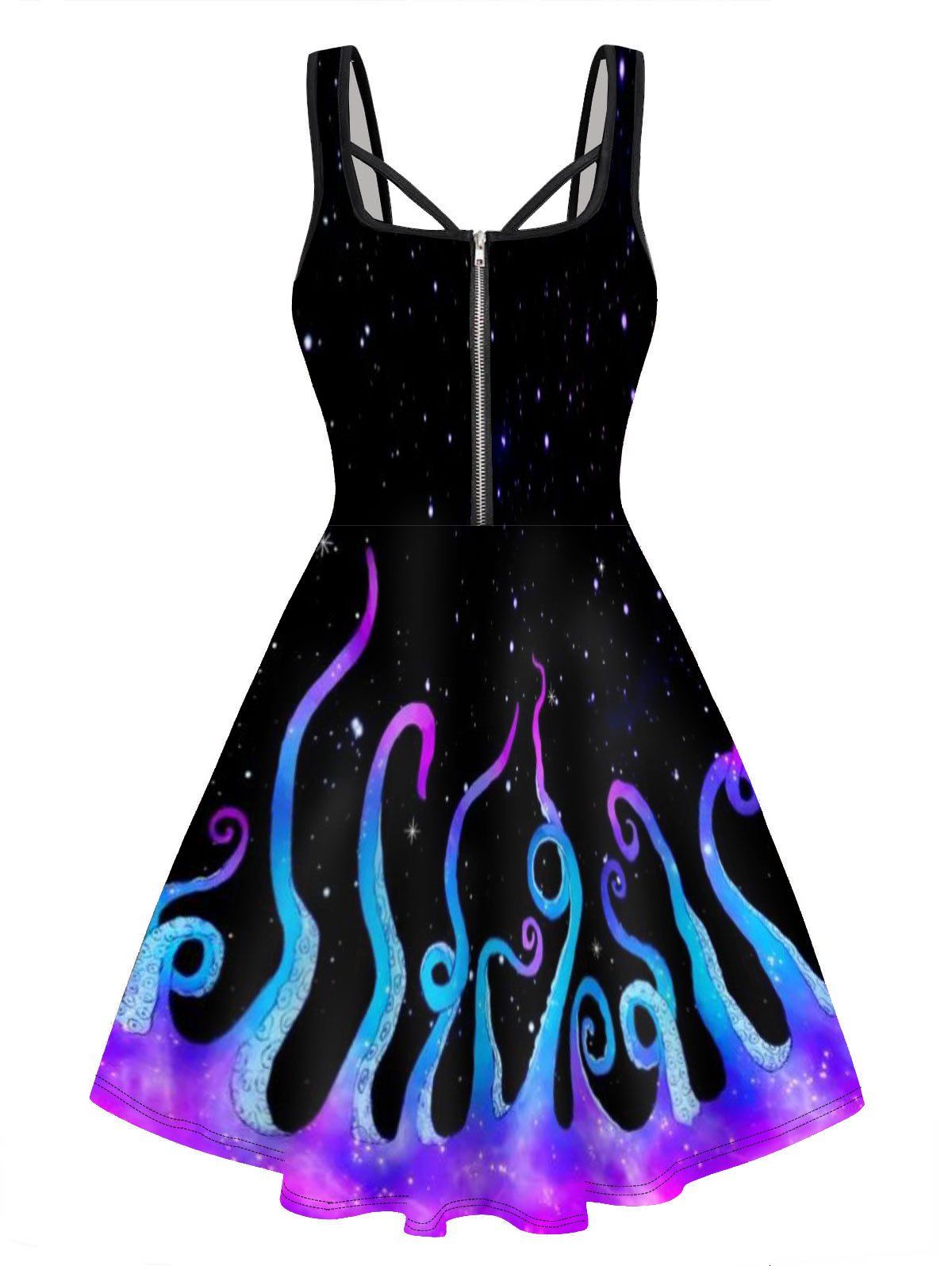 Galaxy Octopus Print Mini Dress Half Zipper Sleeveless A Line Cami Dress - PURPLE XL