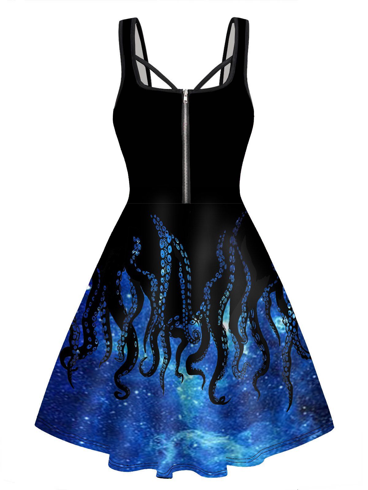 Galaxy Octopus Print Mini Dress Half Zipper Sleeveless A Line Cami Dress - BLUE L