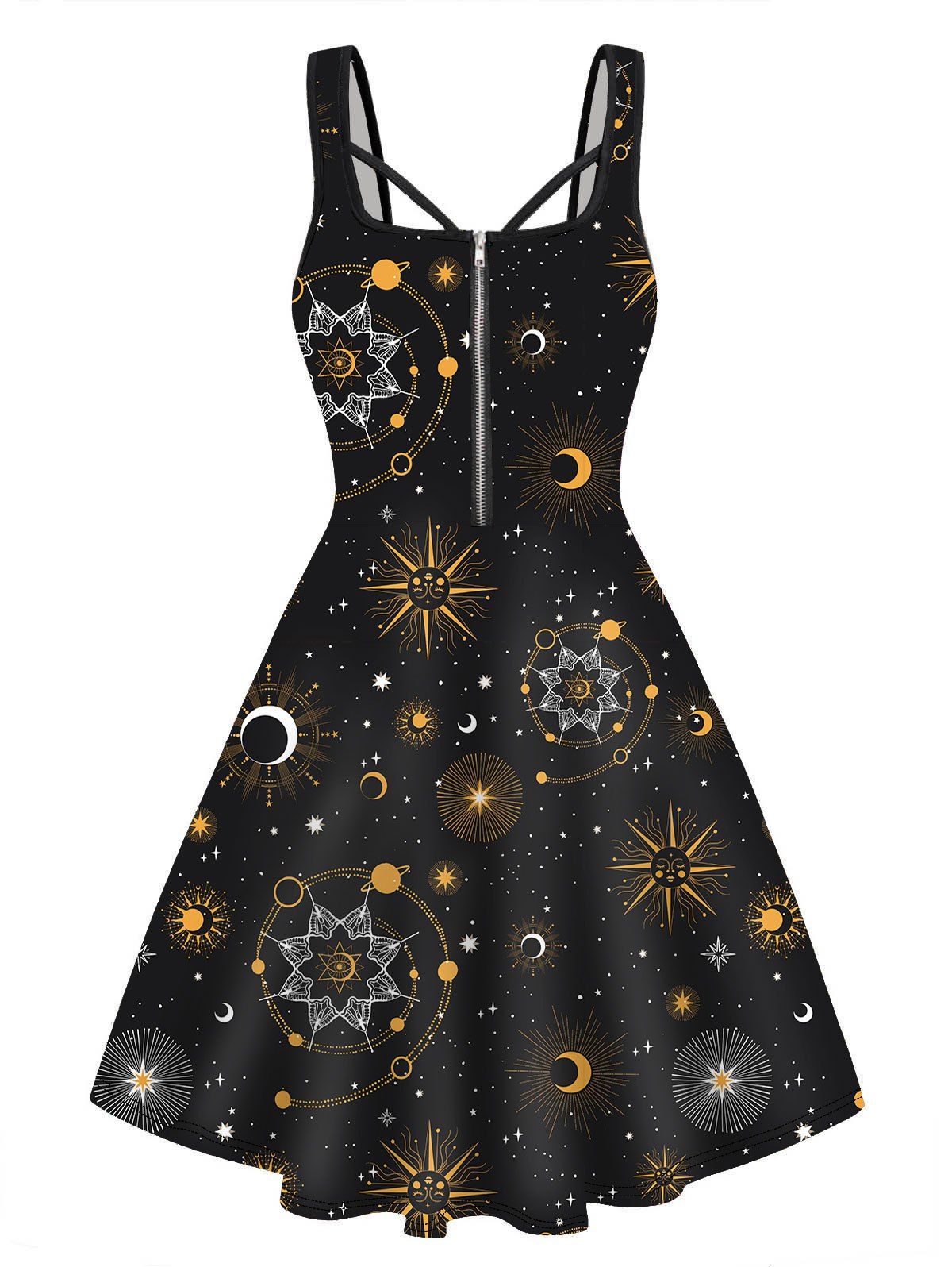 Celestial Sun Moon Galaxy Print Mini Dress Half Zipper Sleeveless Casual Dress - BLACK L