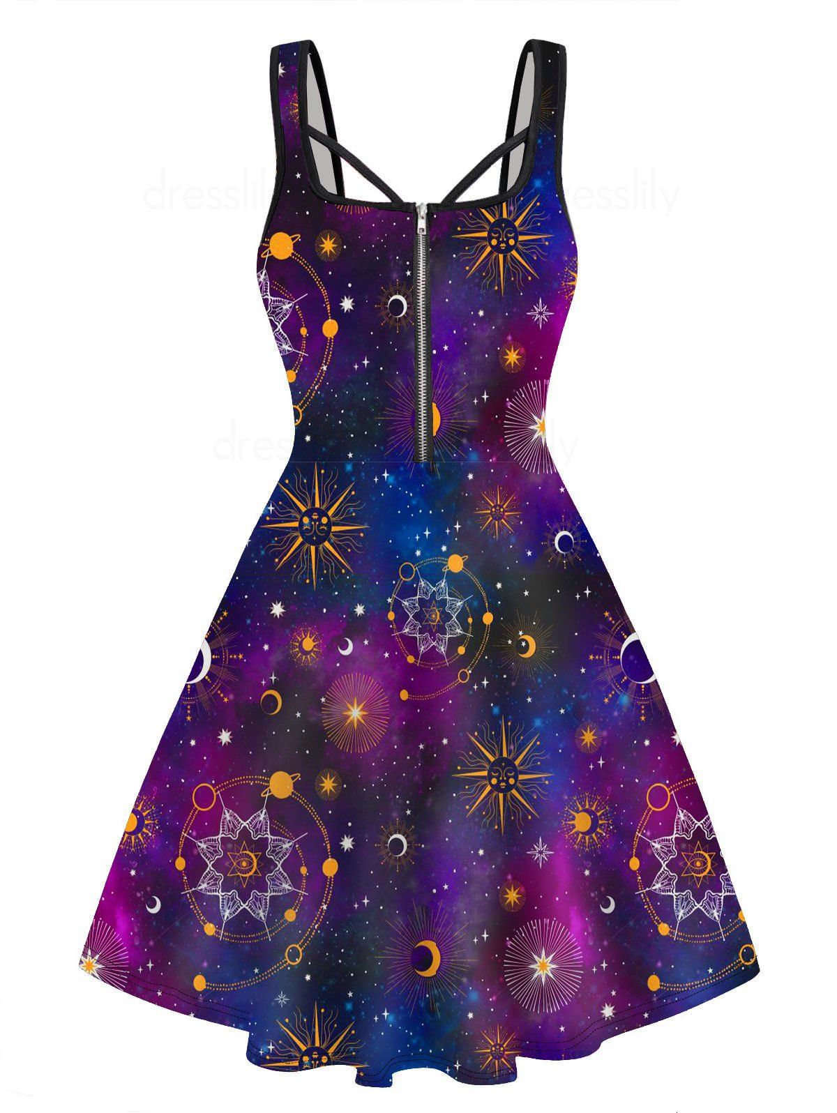 Celestial Sun Moon Galaxy Print Mini Dress Half Zipper Sleeveless Casual Dress - PURPLE L