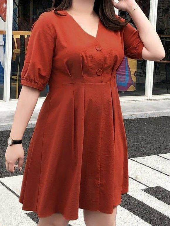 Mini Robe Ligne A Faux Bouton en Couleur Unie à Manches Courtes à Taille Haute - Rouge XL