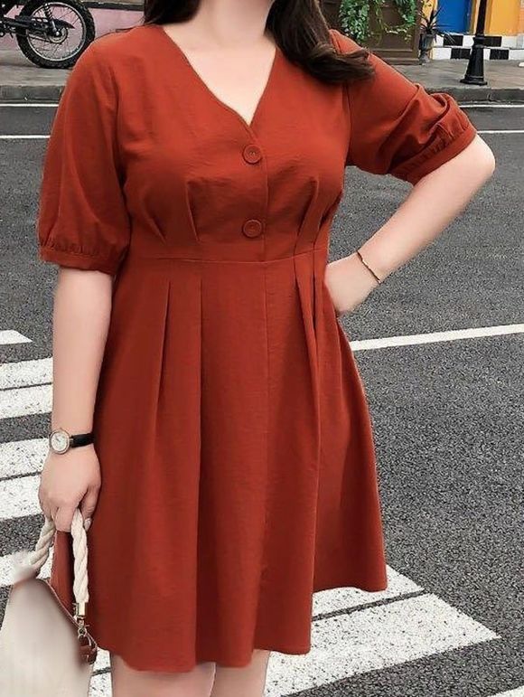 Mini Robe Ligne A Faux Bouton en Couleur Unie à Manches Courtes à Taille Haute - Rouge XL