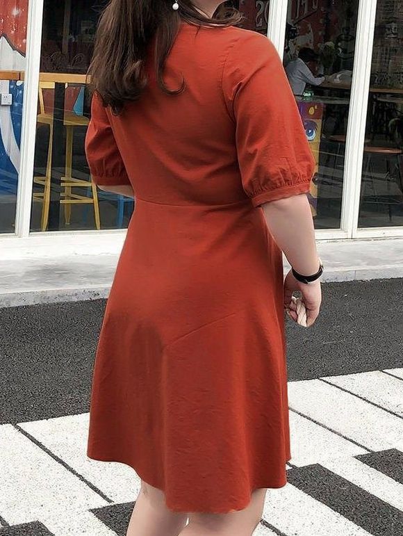 Mini Robe Ligne A Faux Bouton en Couleur Unie à Manches Courtes à Taille Haute - Rouge XL