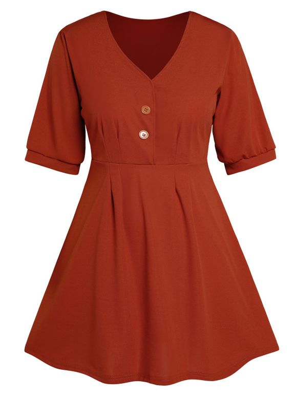 Mini Robe Ligne A Faux Bouton en Couleur Unie à Manches Courtes à Taille Haute - Rouge XL