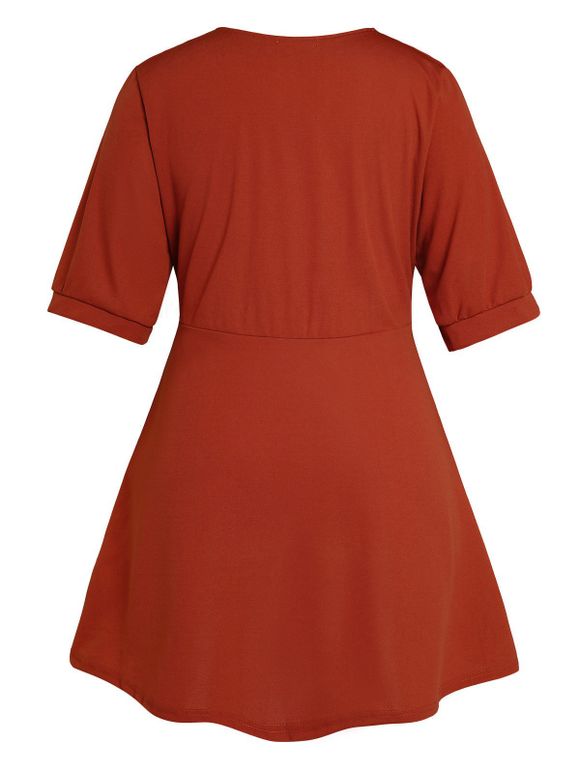 Mini Robe Ligne A Faux Bouton en Couleur Unie à Manches Courtes à Taille Haute - Rouge XL
