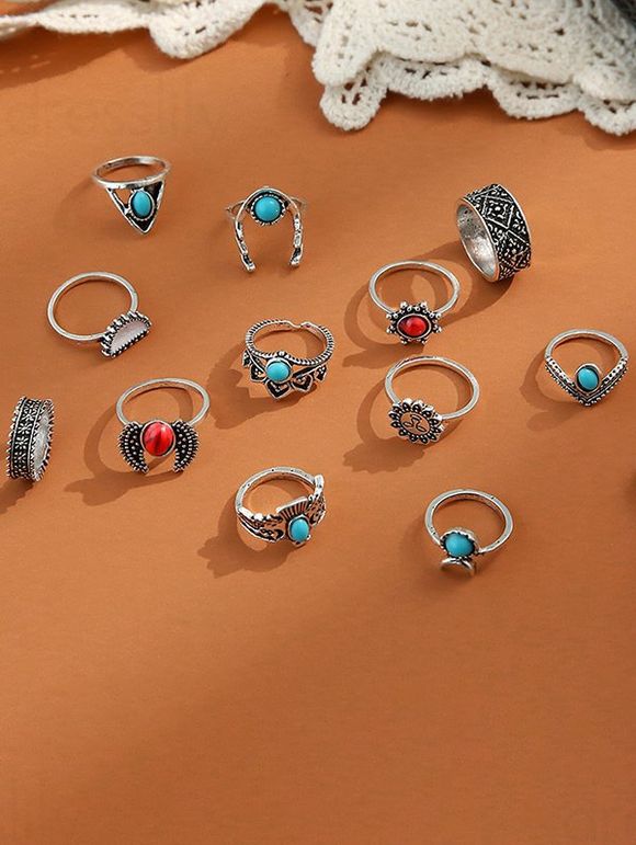 12 Pièces Ensemble de Bague Bohémienne en Fausse Turquoise - Argent 