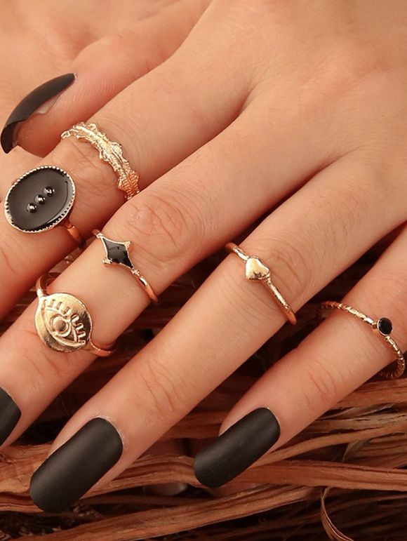 6 Pièces Ensemble de Bagues Tendances Motif Géométrique Œil et Cœur - d'or 