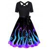 Galaxy Octopus Print Short Sleeve Dress Bowknot Cross High Waist A Line Dress - BLACK S