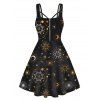 Celestial Sun Moon Galaxy Print Mini Dress Half Zipper Sleeveless Casual Dress - BLACK S